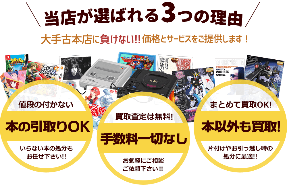 当店が選ばれる3つの理由 大手古本店に負けない買取価格とサービスでリピーターの方も多く、初めてご利用の方でも安心してご利用いただけるよう査定内容をしっかりとご説明させていただきます。値段のつかない本の引取りOK! 買取査定は無料、手数料一切なし! まとめて買取OK、本以外も買取!